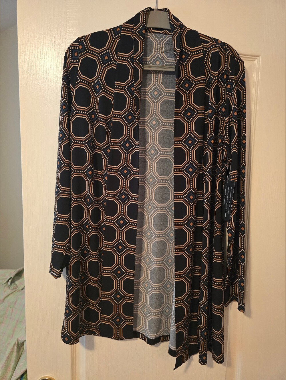 Women’s Open-Front Geometric Print Cardigan - Black/Cream/Blue